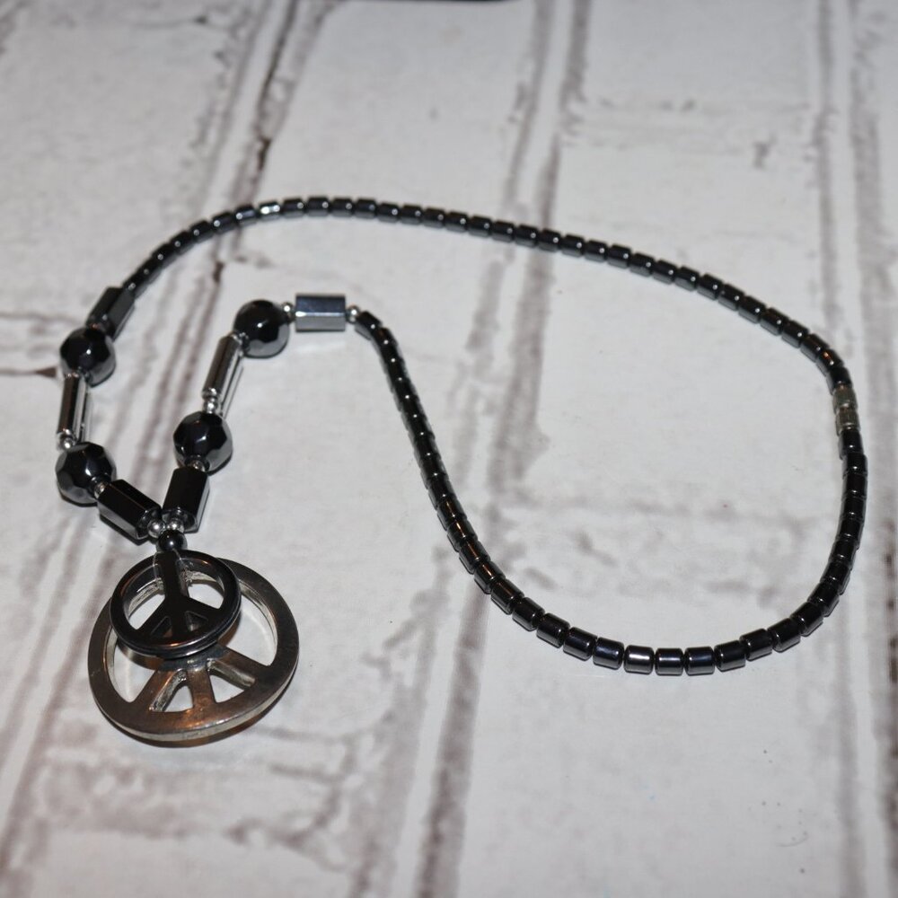 ☮️ Hematite & Silver-Tone Peace Sign Necklace · 18" Chain · 1.5" Pendant ☮️
